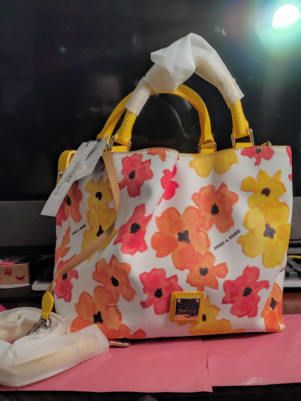 Dooney & Bourke Yellow, Orange and Pink Floral Leather Tote